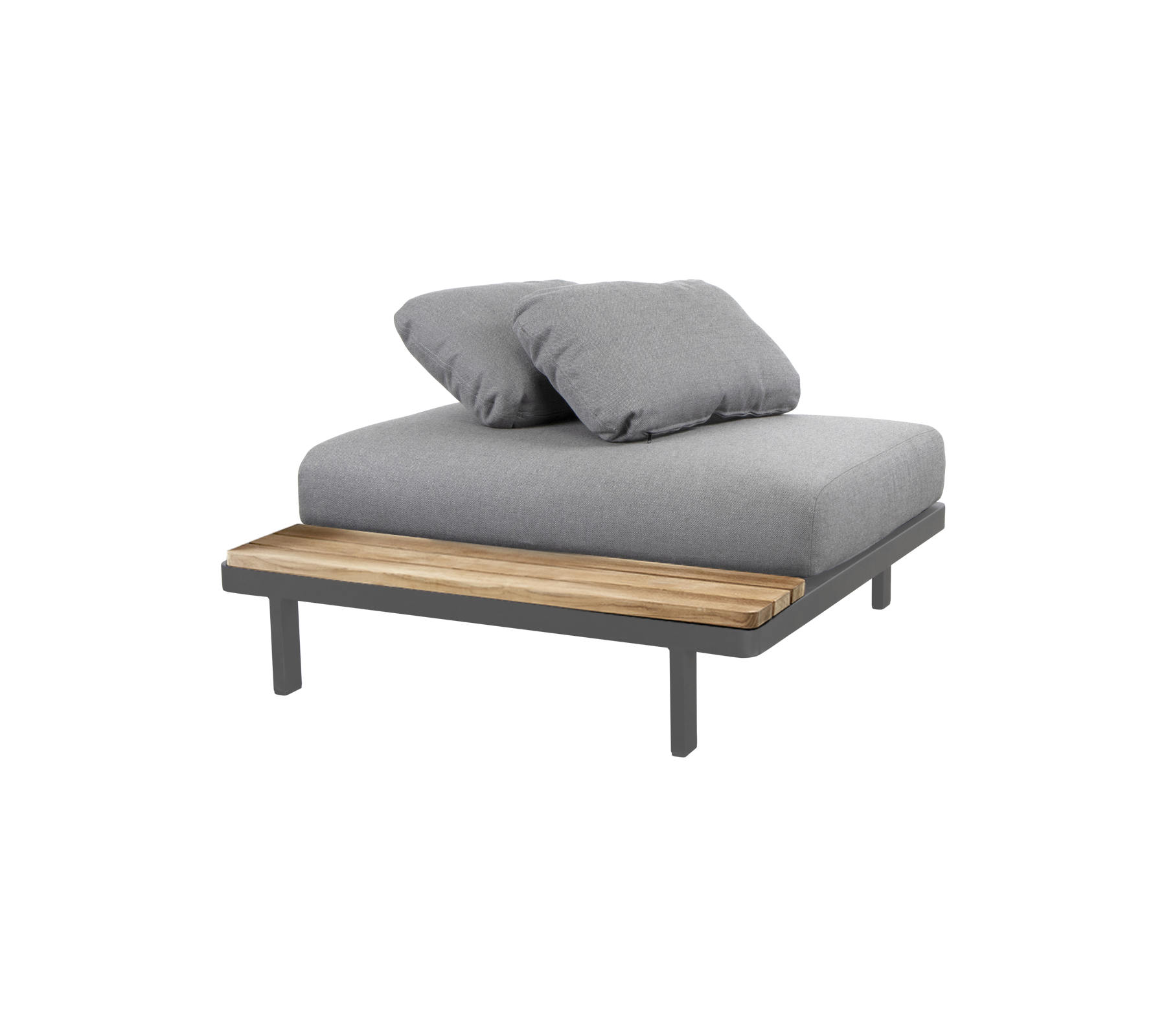 Stylish lounge seating featuring a cushioned gray surface and a wooden accent, perfect for relaxation and comfort.