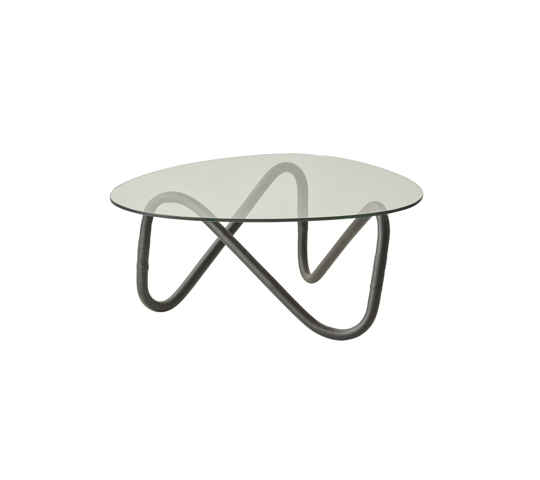 Modern coffee table with a circular glass top and an artistic, wavy metal base design. Ideal for adding a contemporary touch to any space.