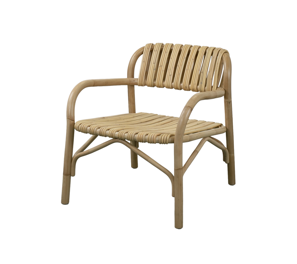 Natural chair with a slatted design and curved armrests.