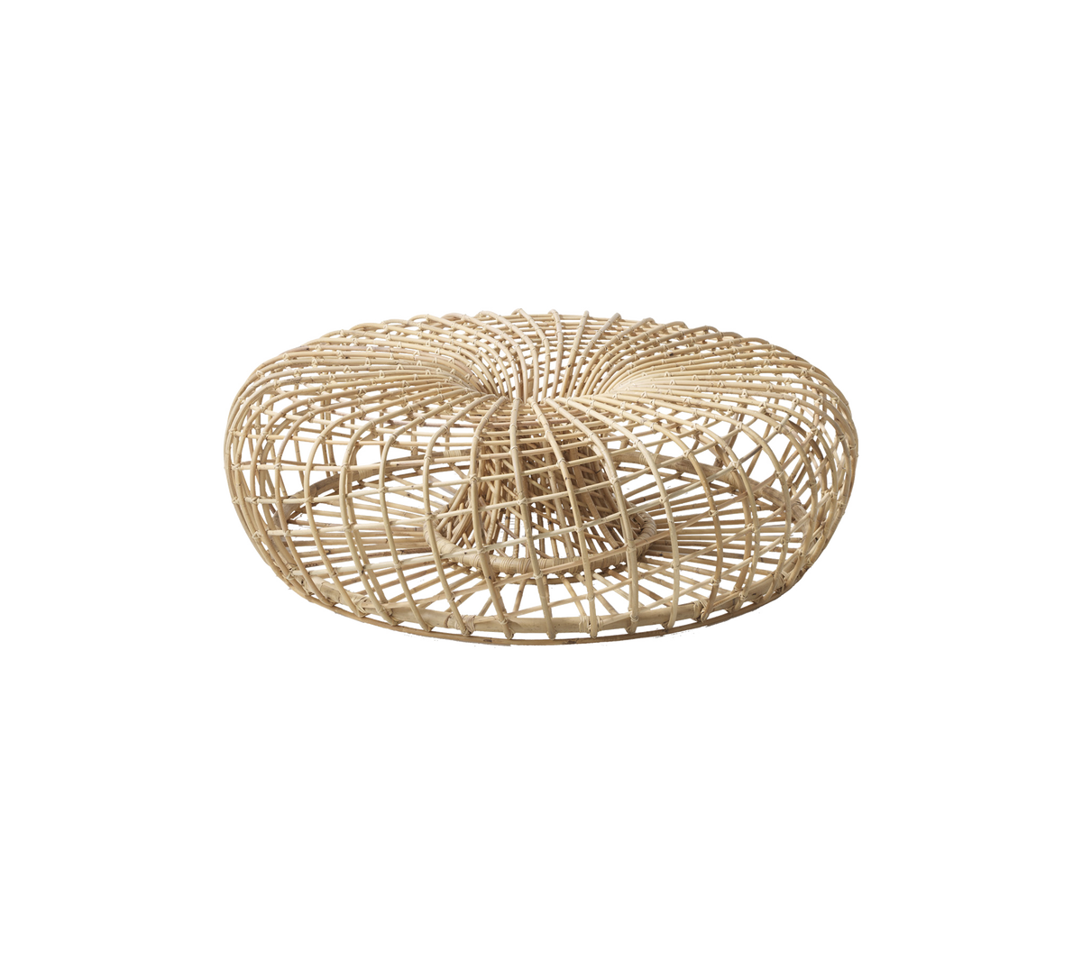 Round, woven rattan pouf with a spiral design, providing a natural and stylish accent for various settings.