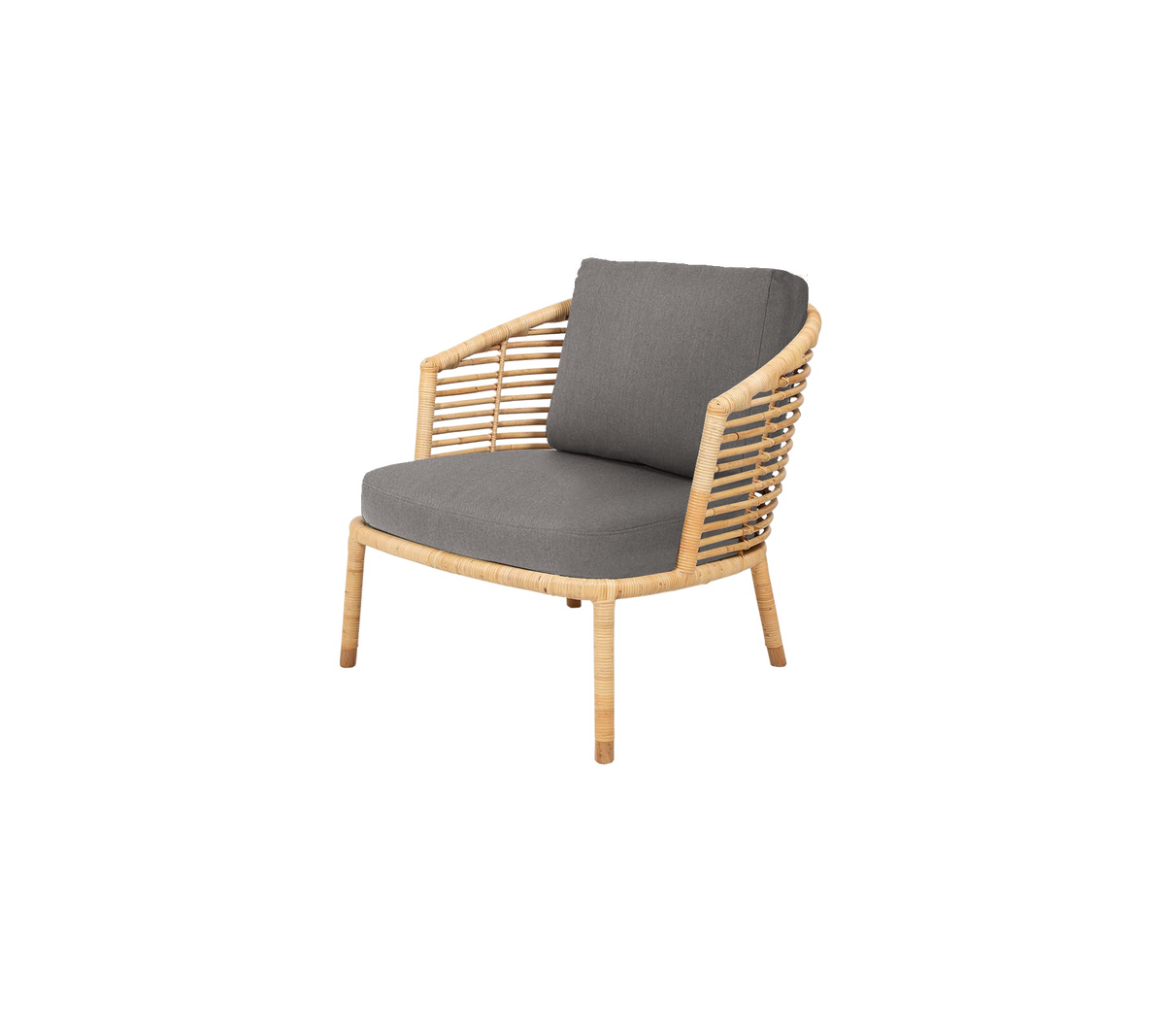 Modern chair with a natural wood frame and gray padded cushions, featuring a stylish slatted backrest for added elegance.