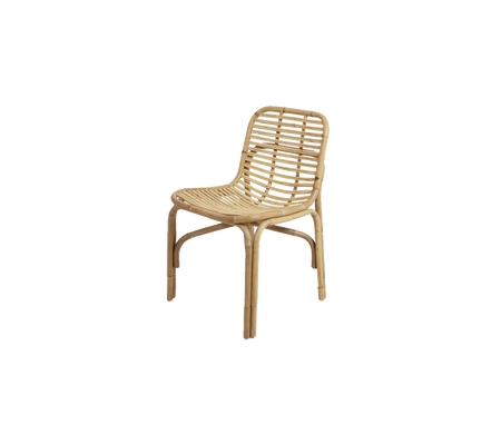 Natural woven chair with a minimalist design, featuring a curved backrest and sturdy legs, perfect for versatile seating.