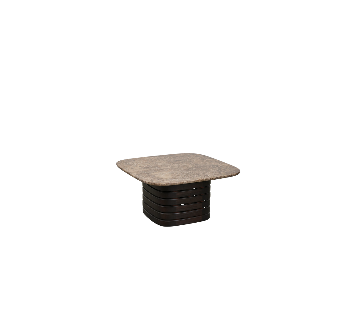 Square dark brown table with an Emperador surface.