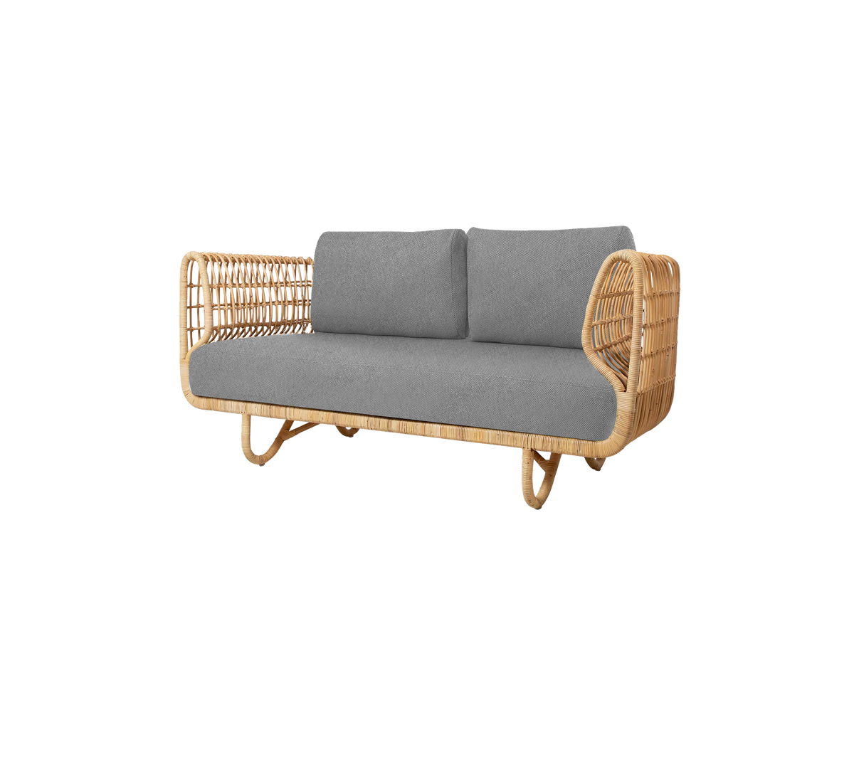 A stylish two-seater sofa featuring a natural rattan frame and soft gray cushions for comfortable seating.