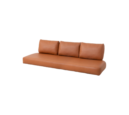Modern tan sofa with three back cushions, featuring a sleek design and minimalistic style, perfect for any contemporary space.