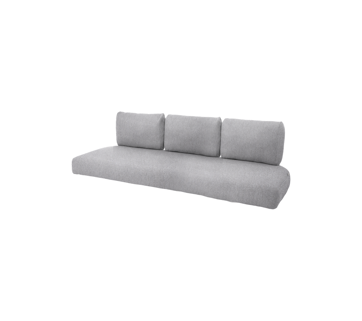Contemporary gray sofa with three plush back cushions, offering a sleek and minimalist design for modern decor.