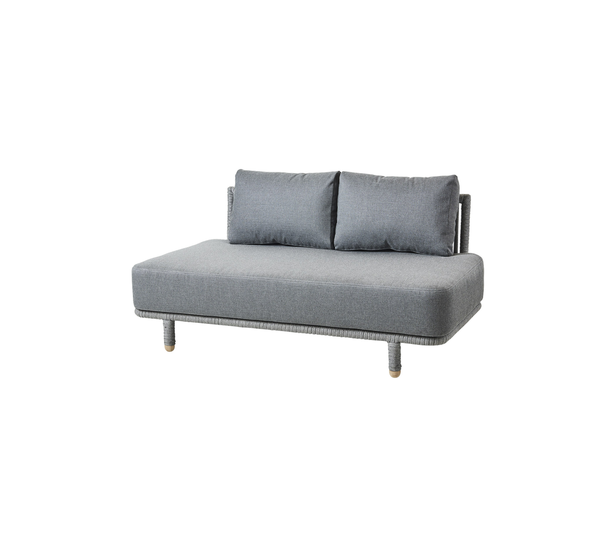 Grey sofa with two cushions and wooden legs, designed for comfort and modern decor.
