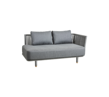 Gray sofa with two cushions and woven sides, ideal for modern indoor or outdoor settings.