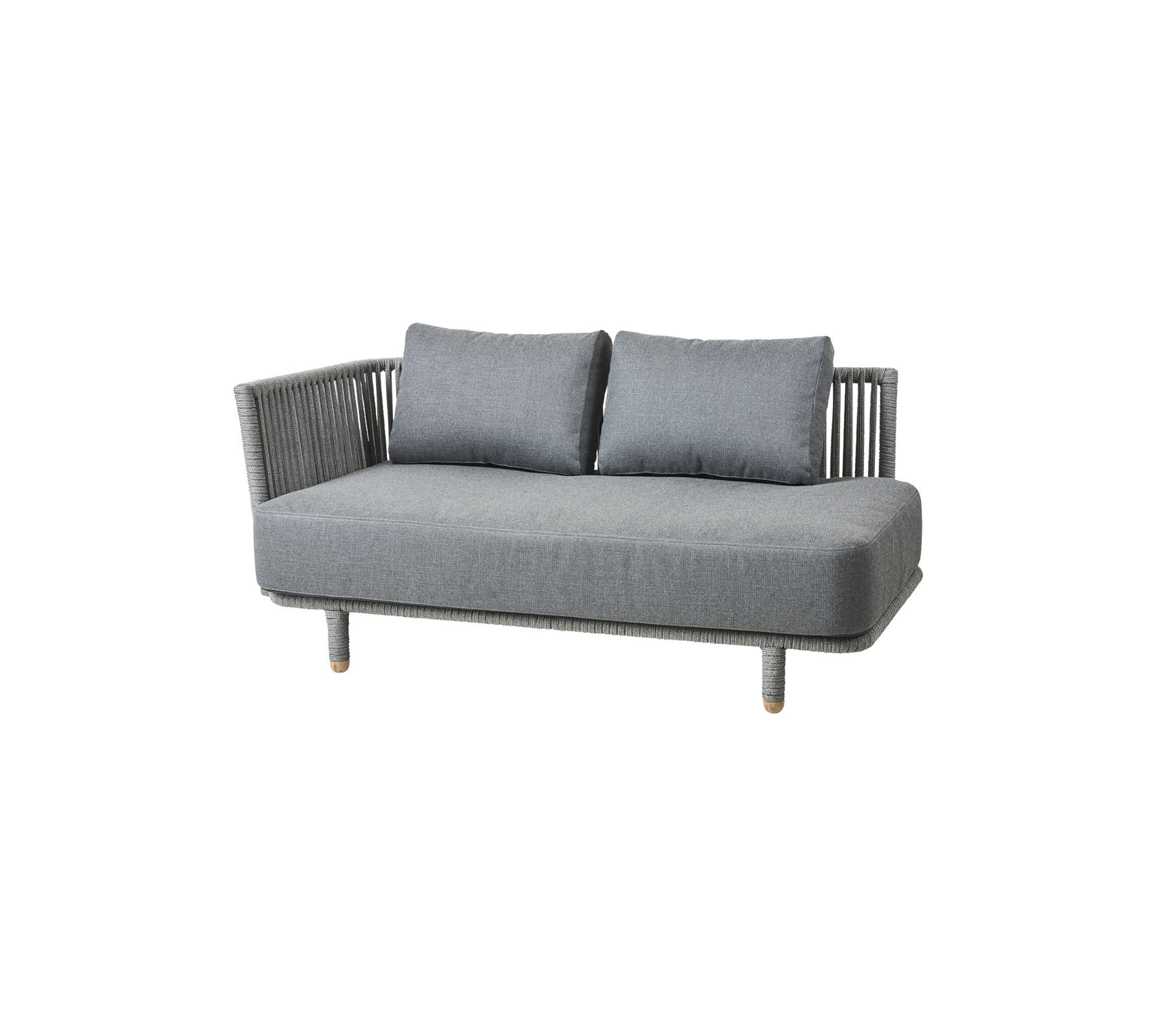 Gray outdoor sofa with two cushions and a woven backrest, designed for comfort and style. Ideal for patio or garden settings.