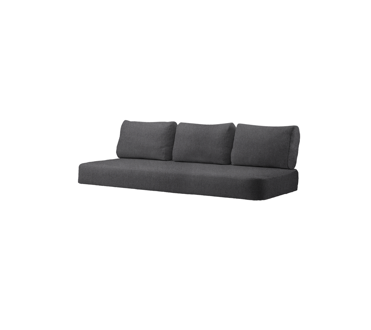 Modern dark gray sofa with three cushions, designed for contemporary living spaces. Comfort and style combined.