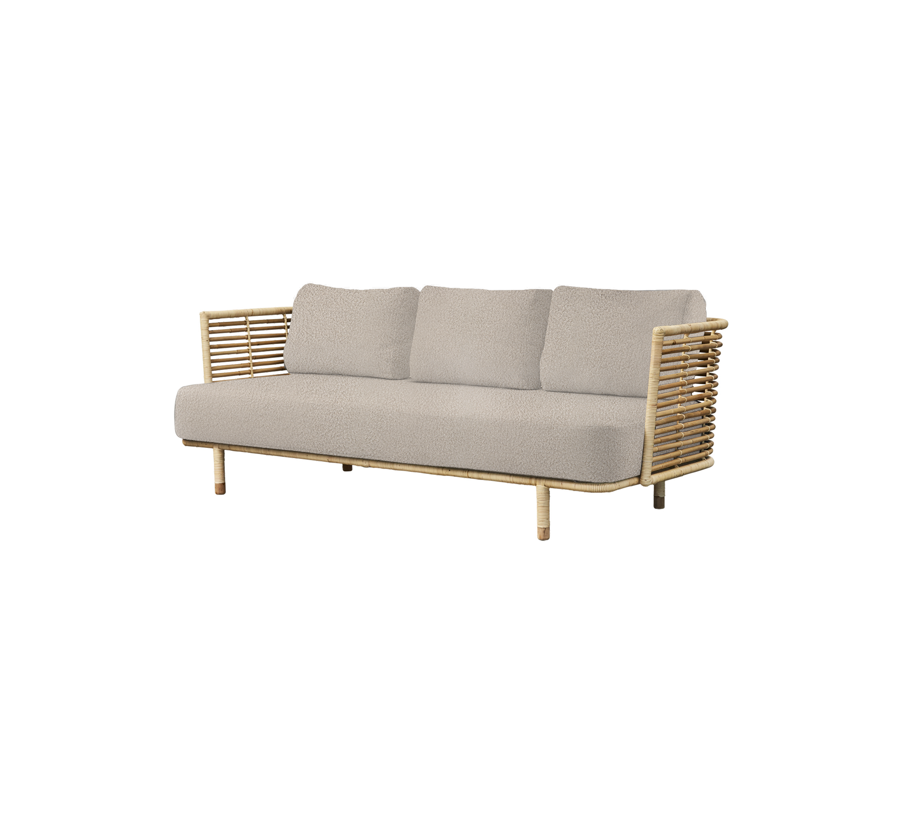 Stylish sofa featuring a light gray cushion with natural wood accents and distinctive side arm details, perfect for modern decor.