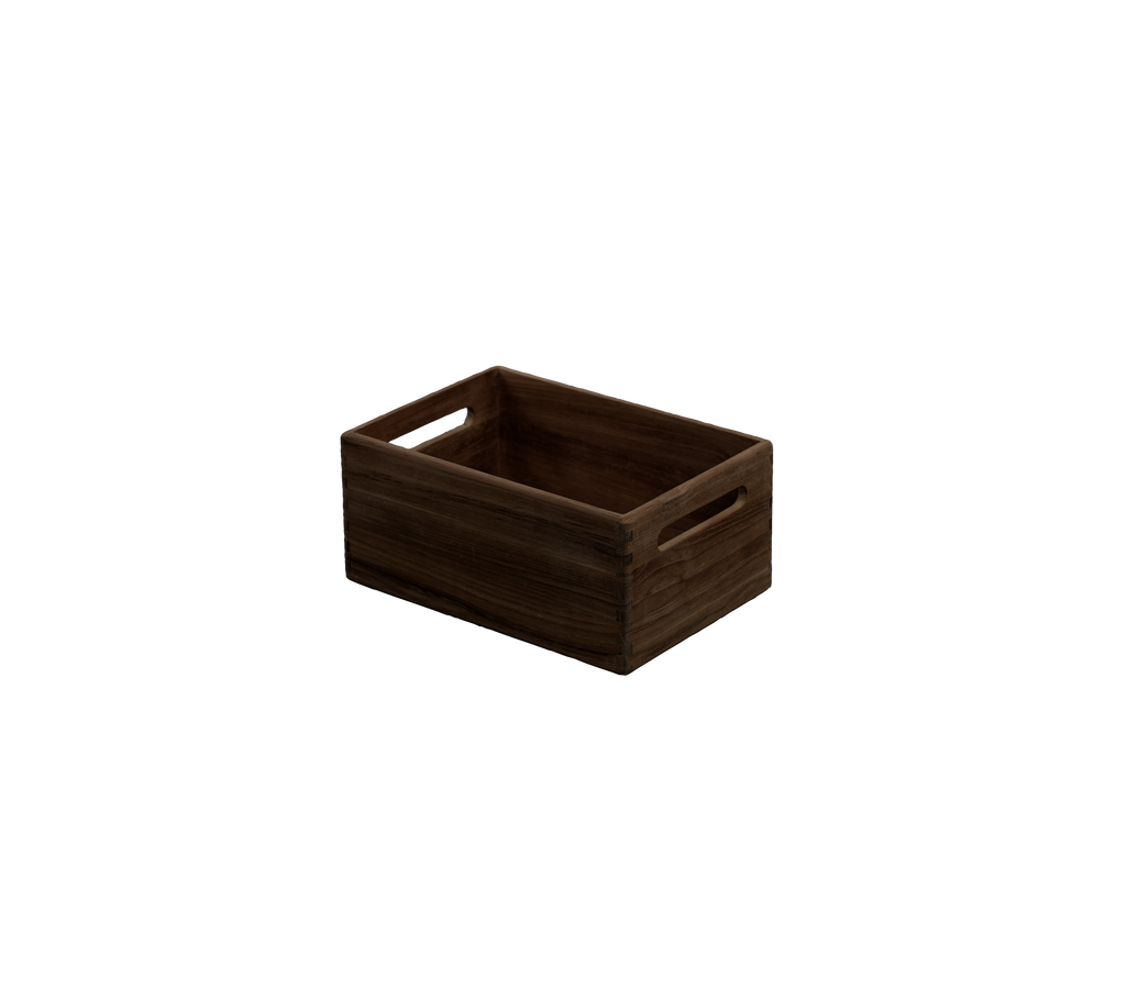 Dark brown crate with handles for storage or organization.