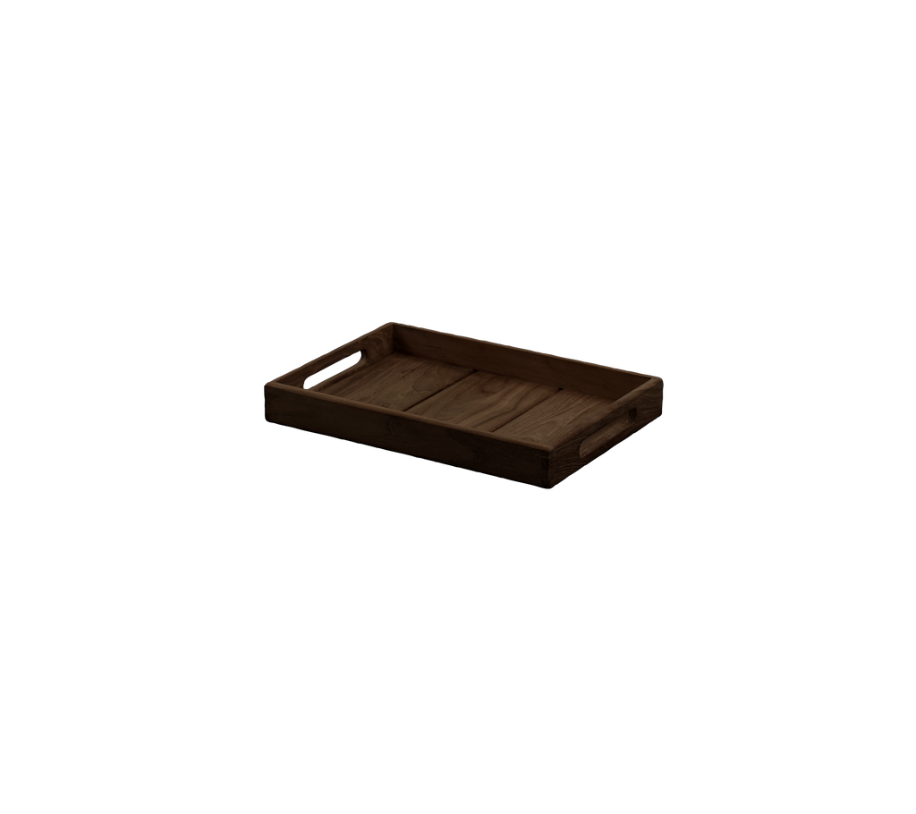 Dark brown tray with handles, featuring a simple design.