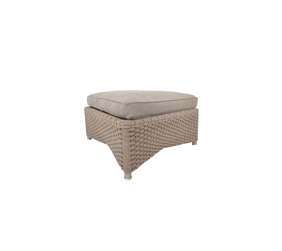 Light beige woven ottoman with a cushioned top, featuring a textured design and sturdy base for added comfort and style.