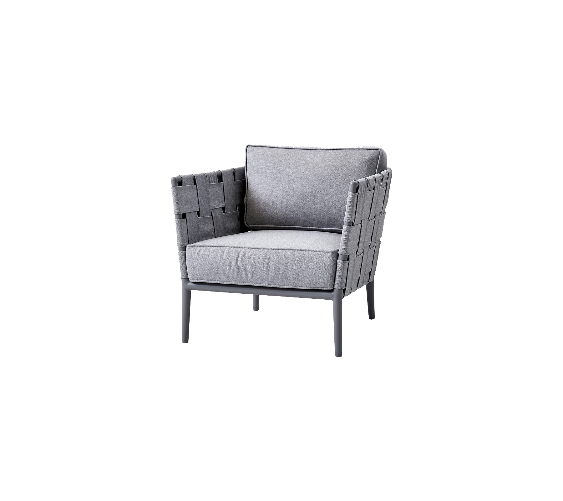 Stylish gray armchair with woven detailing and soft cushions, designed for comfort and modern aesthetics. Perfect for any setting.
