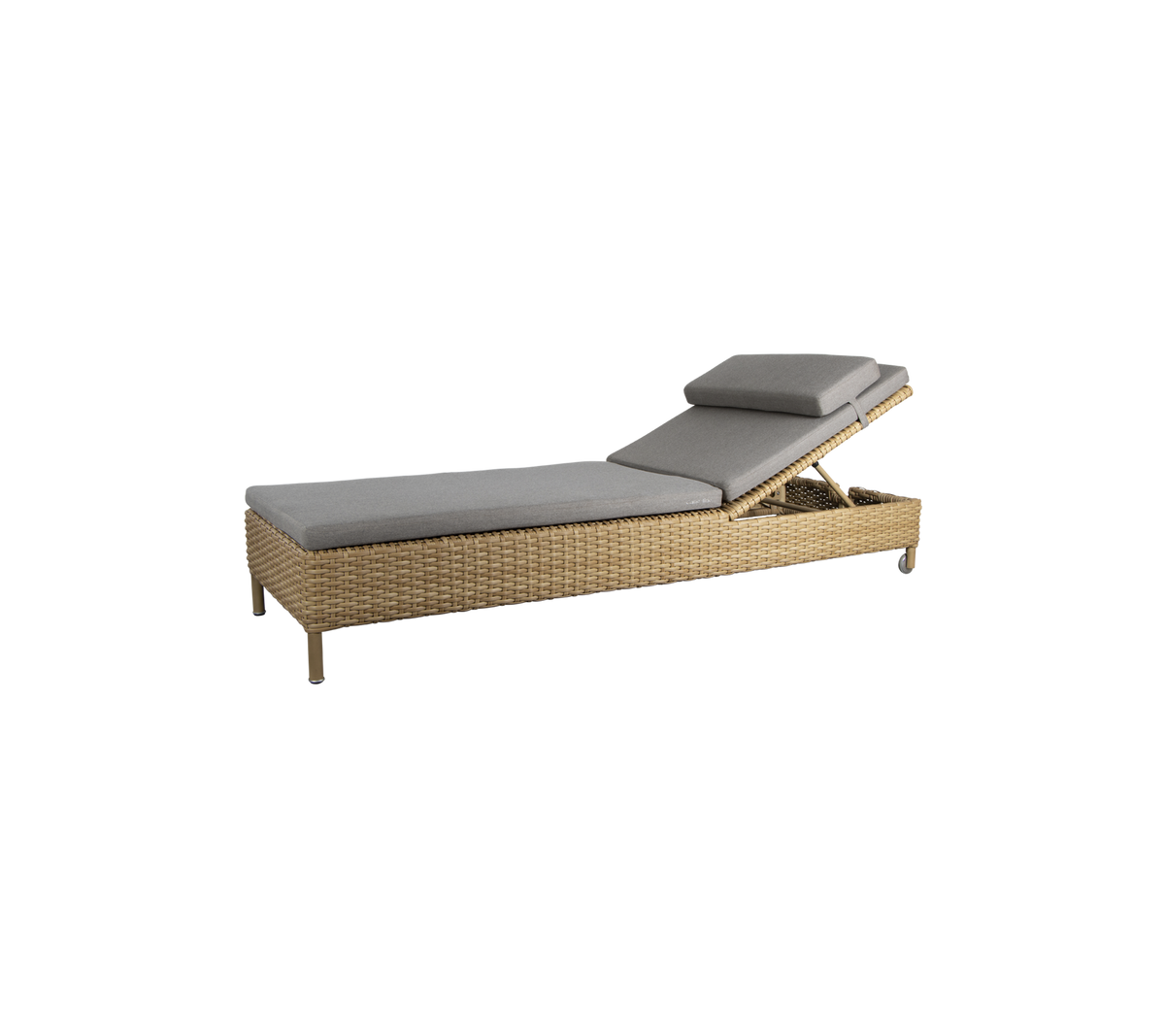 A stylish lounge chair featuring a sleek design with a gray cushion and woven frame, ideal for relaxation.