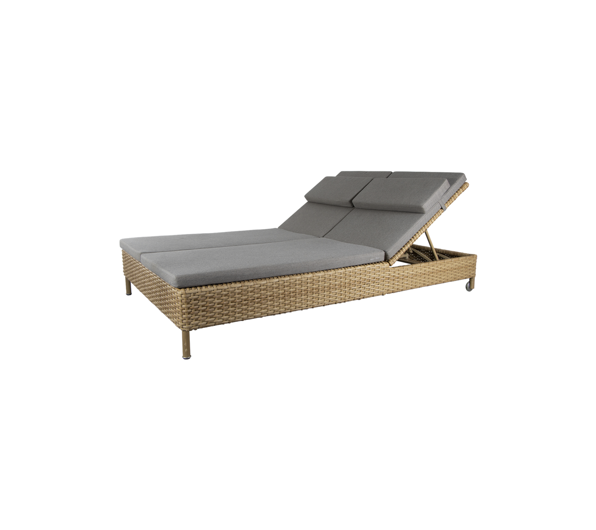 Stylish lounge chair with a natural wicker base and gray cushions, featuring adjustable backrest for comfort. Perfect for relaxation.