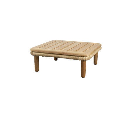 A simple, square table with a slatted top and rounded edges, supported by four sturdy legs. Perfect for various settings.