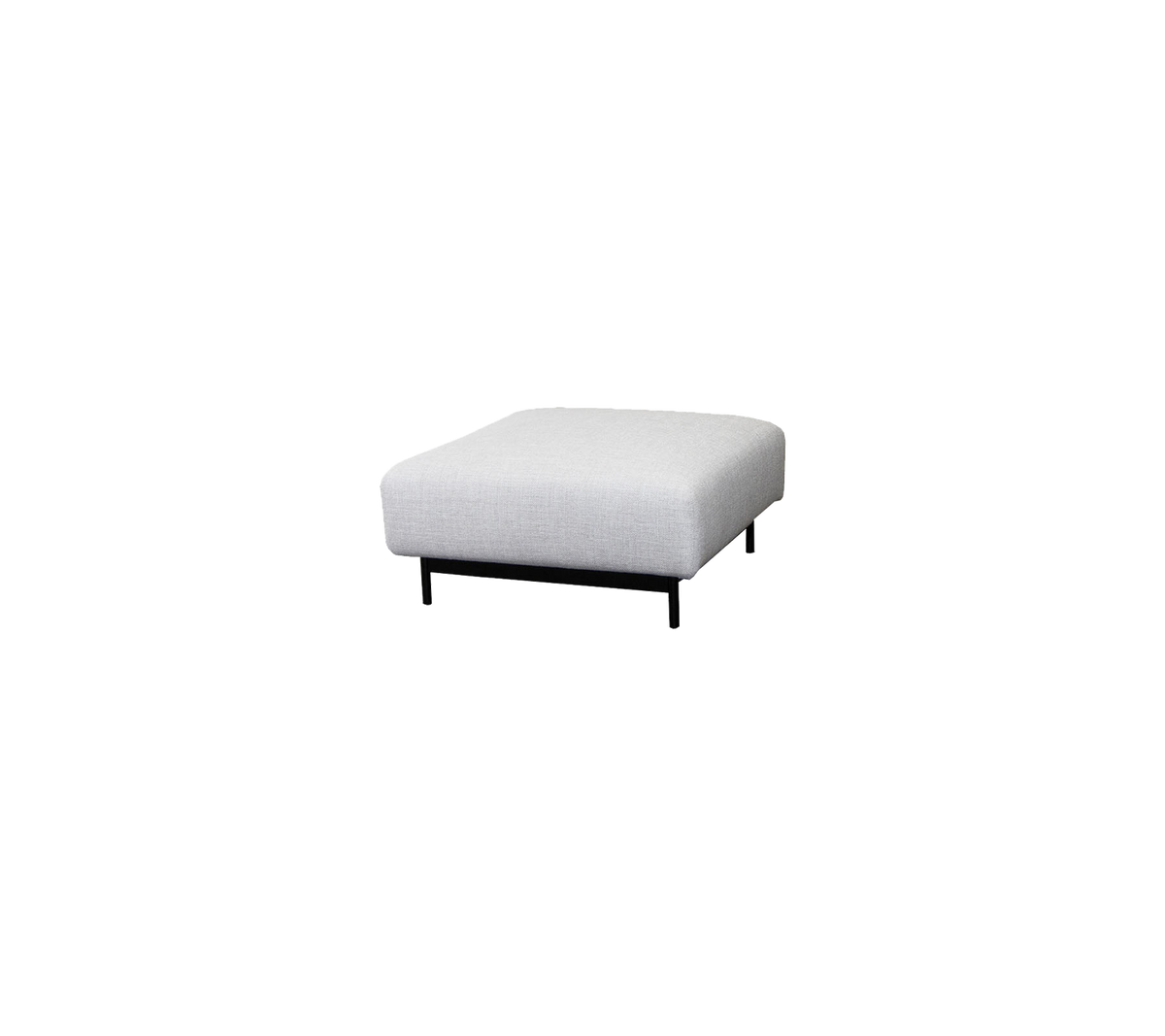 Square ottoman with a light gray fabric surface and sleek black legs, perfect for versatile seating or footrest options.