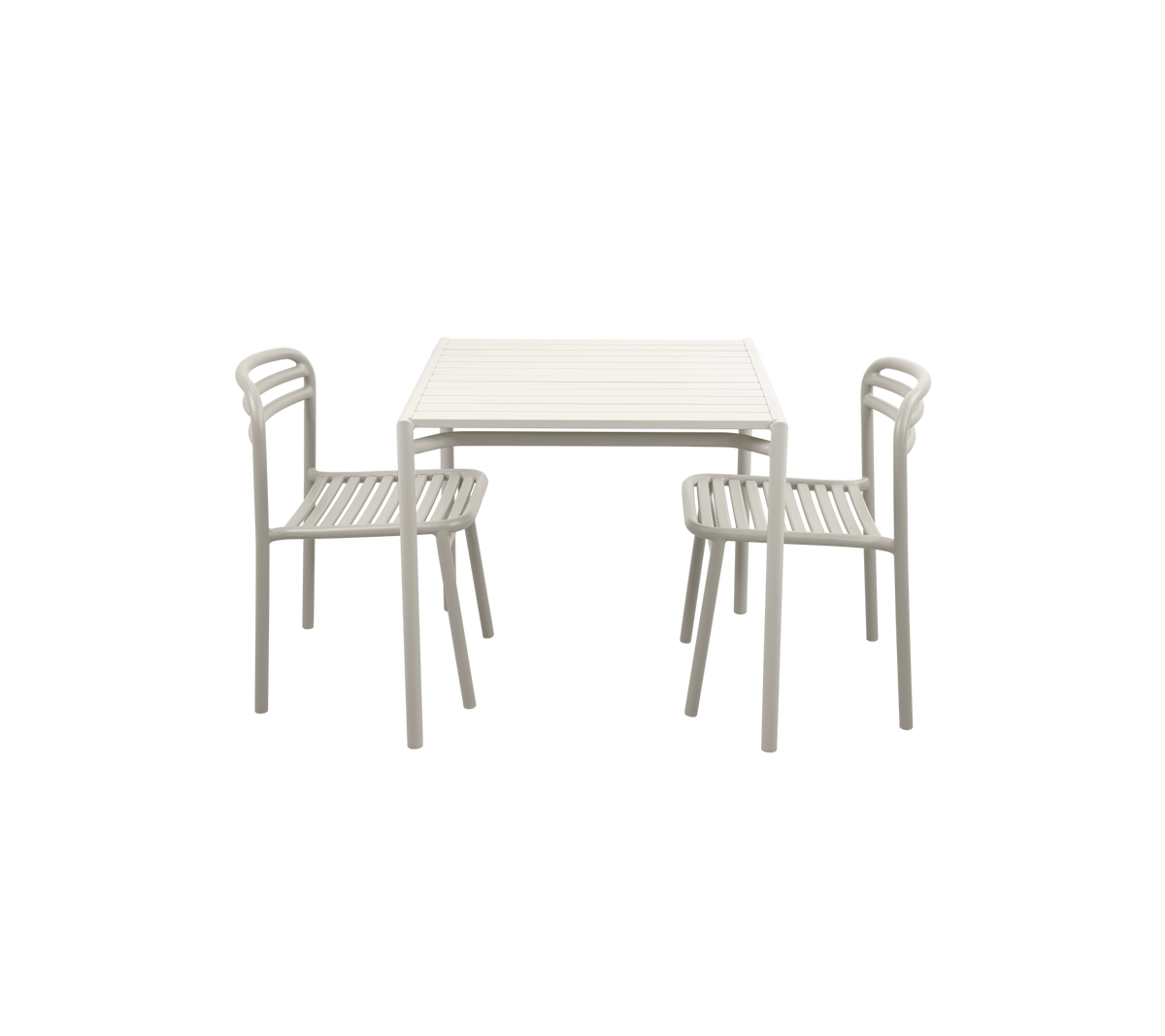 Minimalist table with two matching chairs, featuring a simple design and light-colored finish.