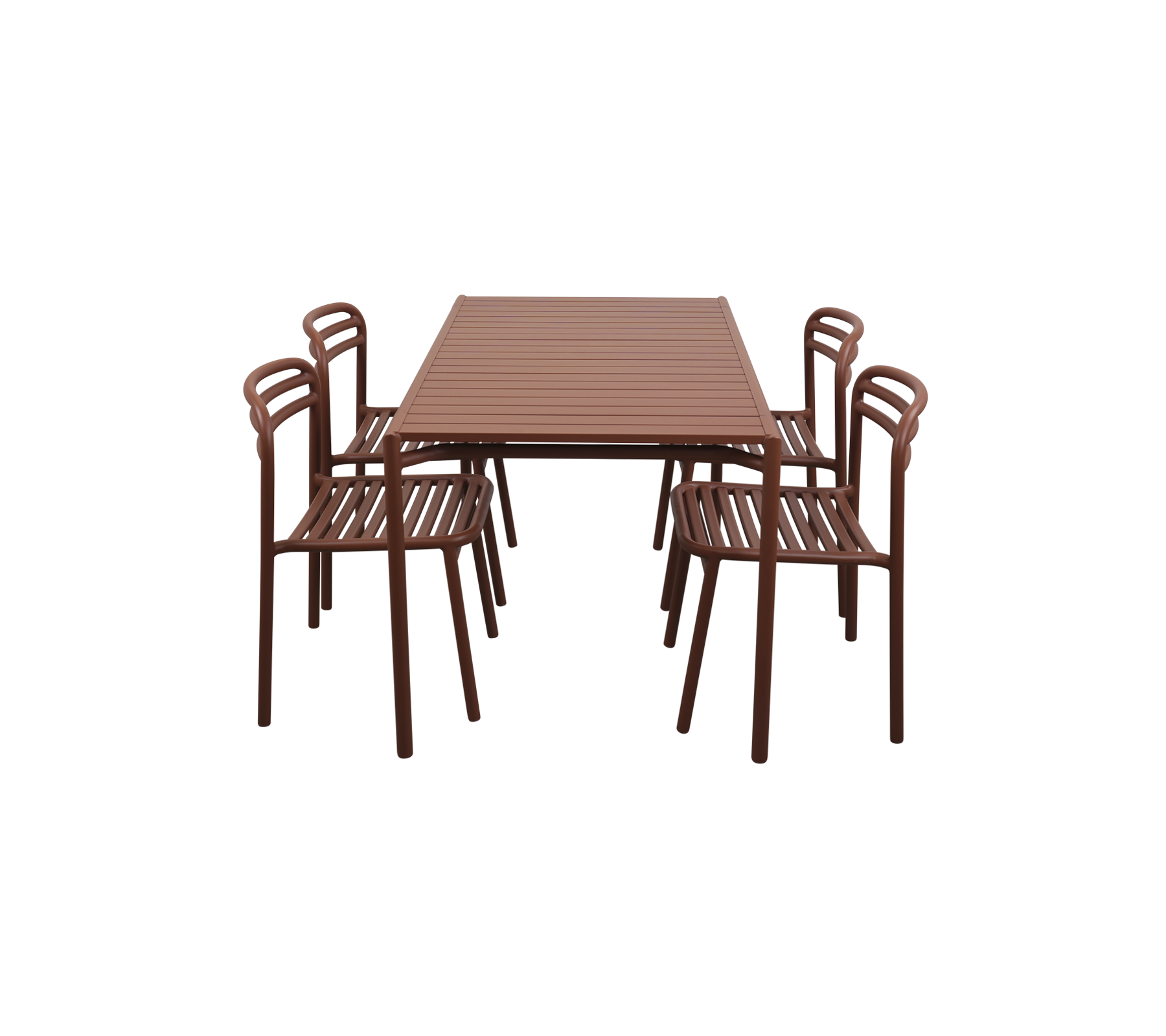 Rectangular table with six matching chairs, all featuring a sleek brown design and slatted surfaces. Ideal for dining or gatherings.