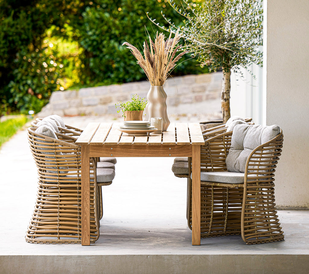 A wooden dining table set with stylish basket chairs and a decorative vase with dried flowers, complemented by greenery in the background.