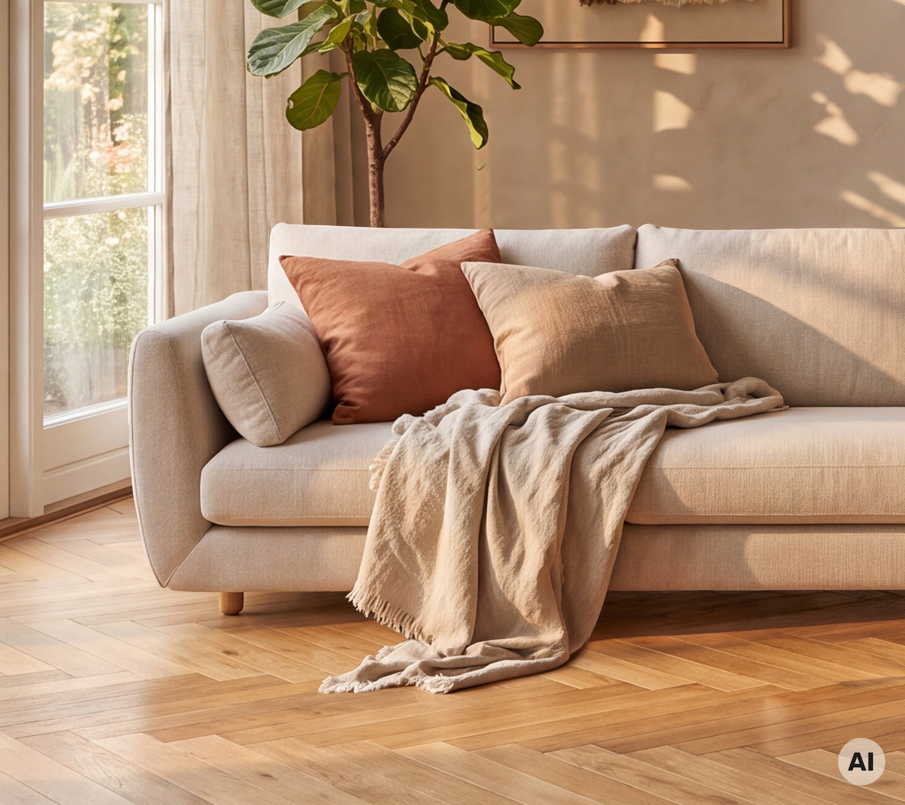 Modern beige sofa adorned with brown and light grey cushions, accented by a cream blanket.