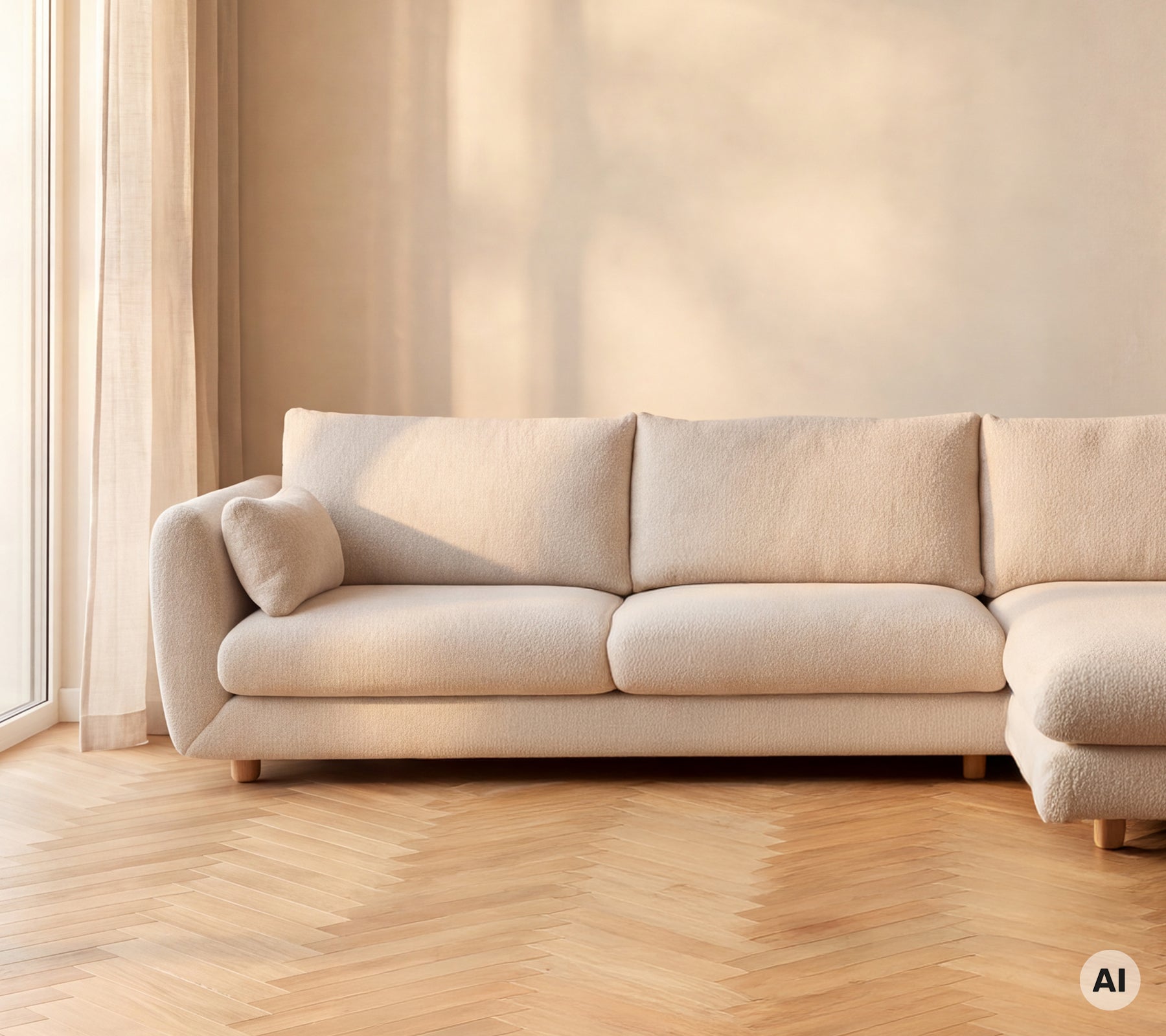 Beige sofa placed against a light wall in a modern lounge setting.