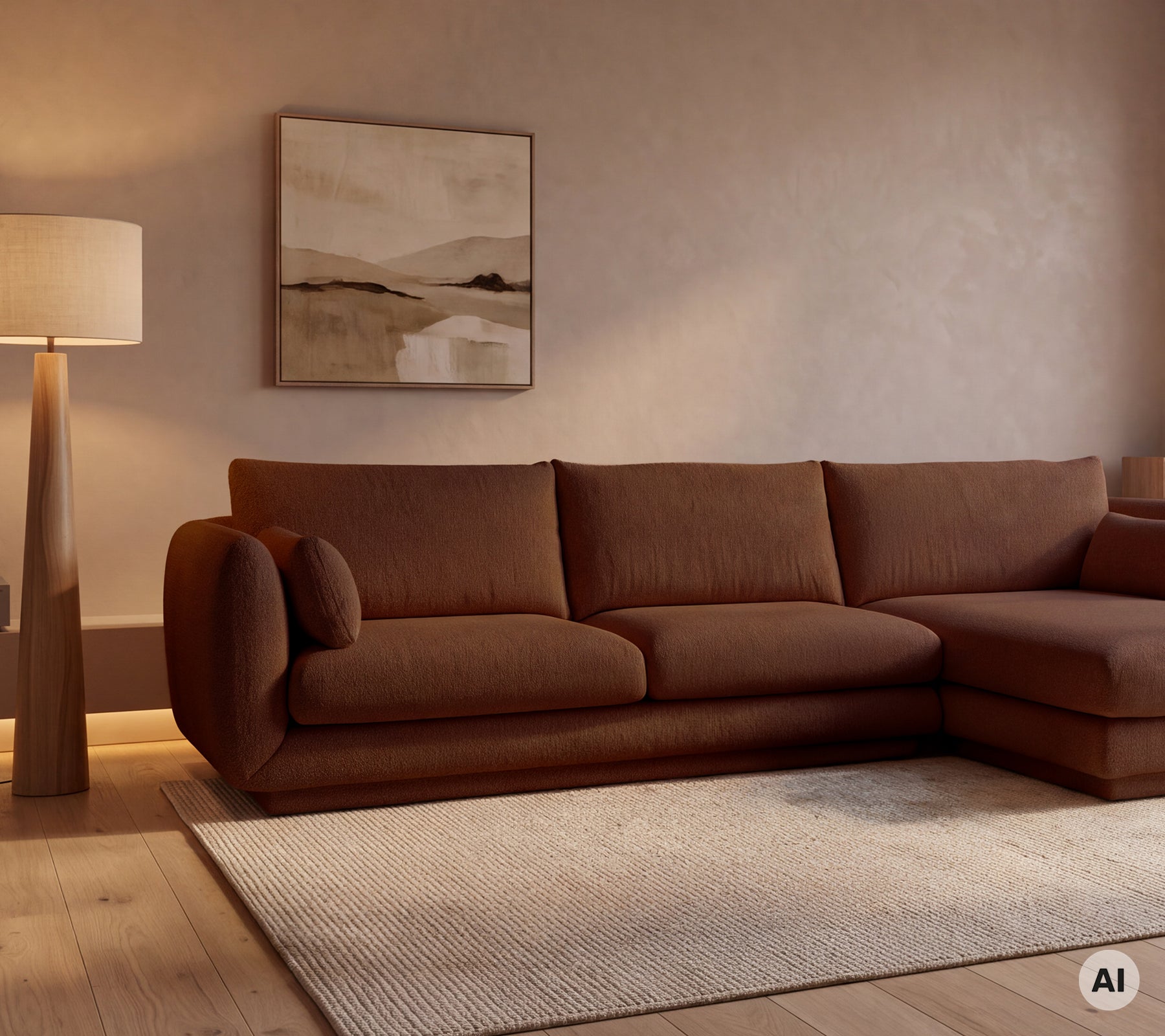 Brown modern sofa with a beige rug and a floor lamp in a cozy lounge setting.