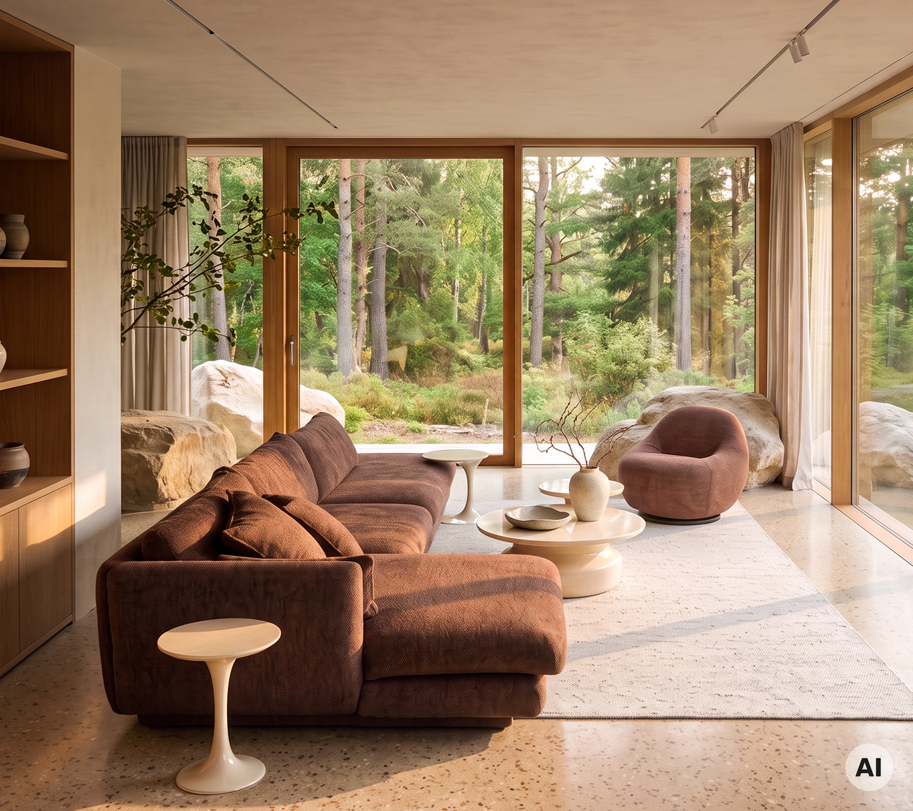 Modern lounge featuring a brown sectional sofa, white side table, and brown armchair.