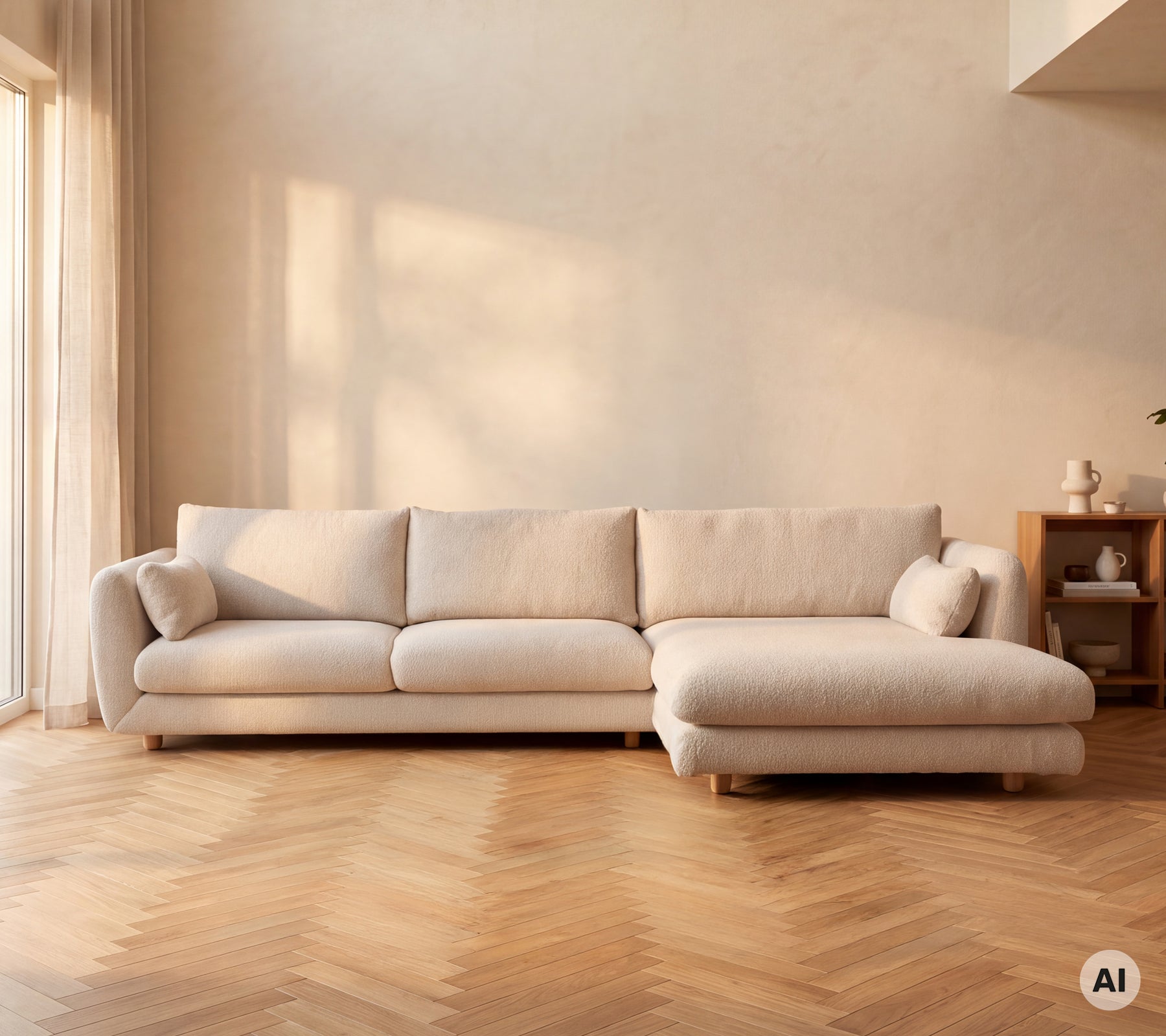 Beige modern sofa positioned in a minimalist lounge setting with warm lighting.