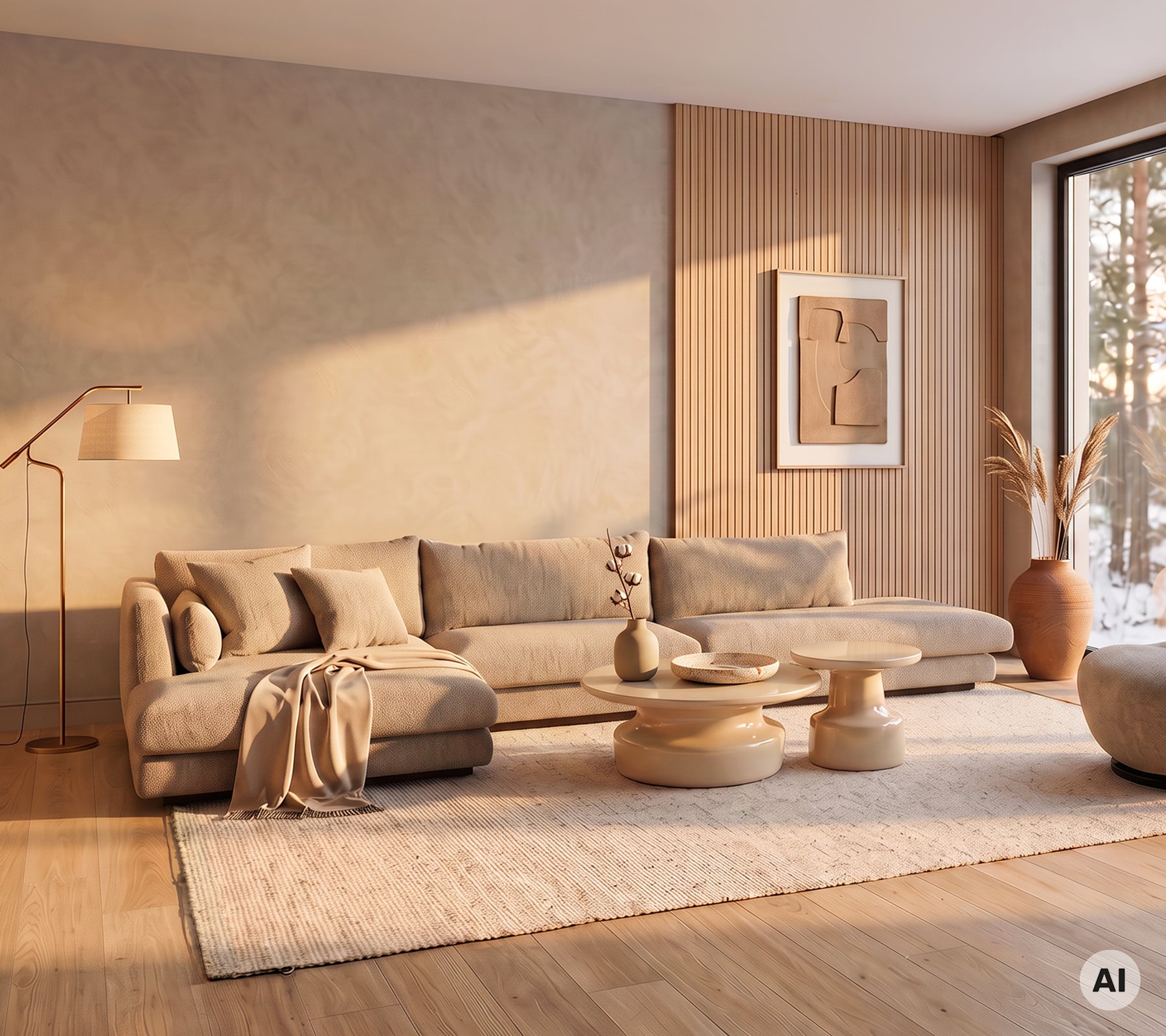 Modern lounge with a beige sofa, light beige rug, wooden coffee table, and a beige pouf.