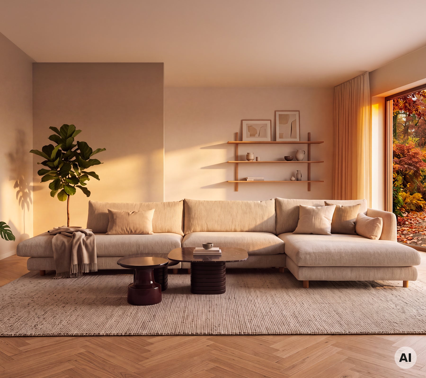 Beige sofa with a round black table and green plant in a modern lounge setting.