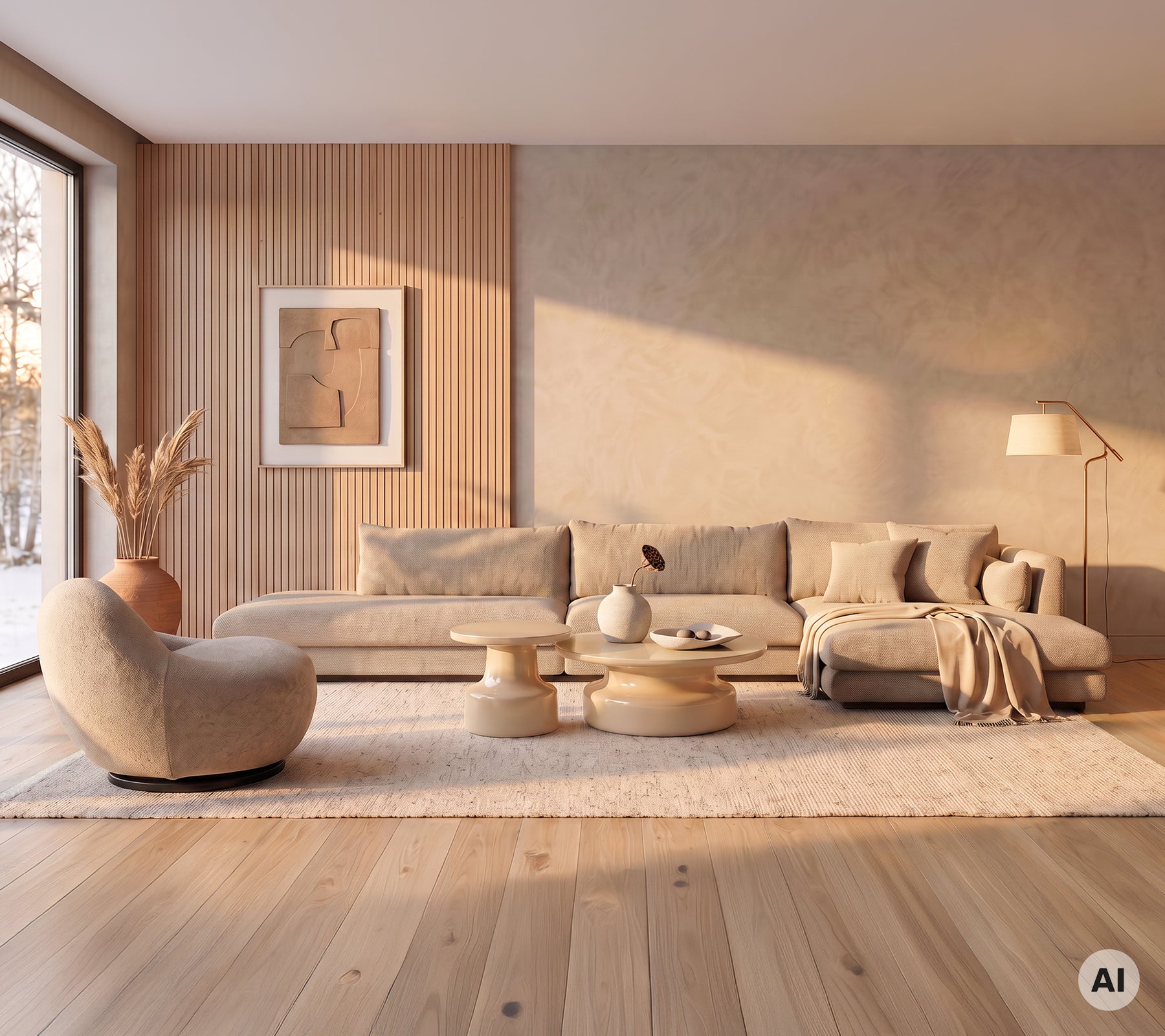 Beige sofa and chaise longue with round coffee table in a modern lounge setting.
