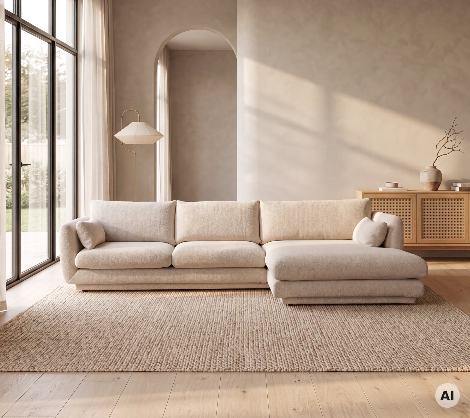 Modern beige sofa in a minimalist lounge with a rug.