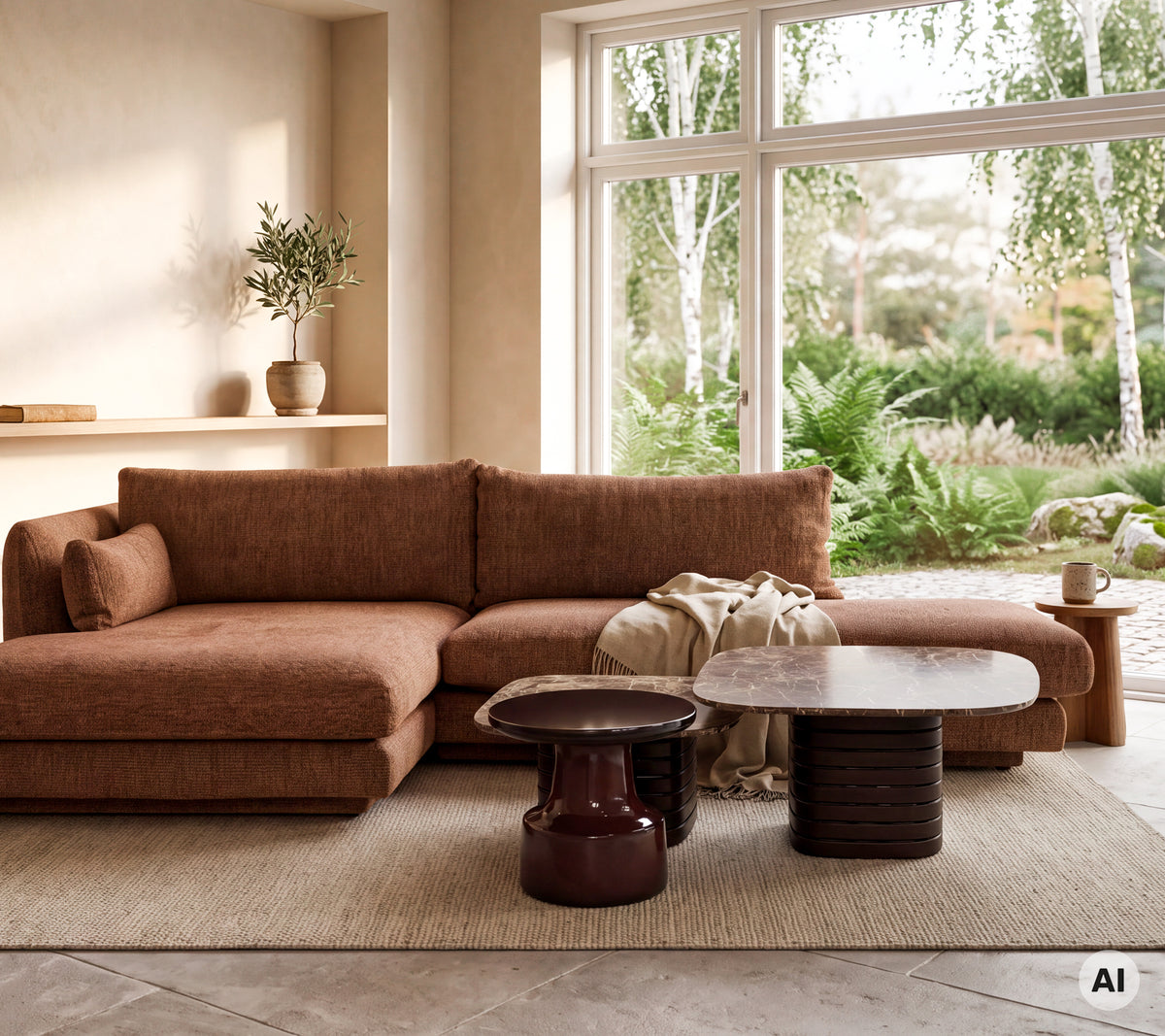 Modern lounge featuring a brown sectional sofa, light wood coffee table, and dark red stool.