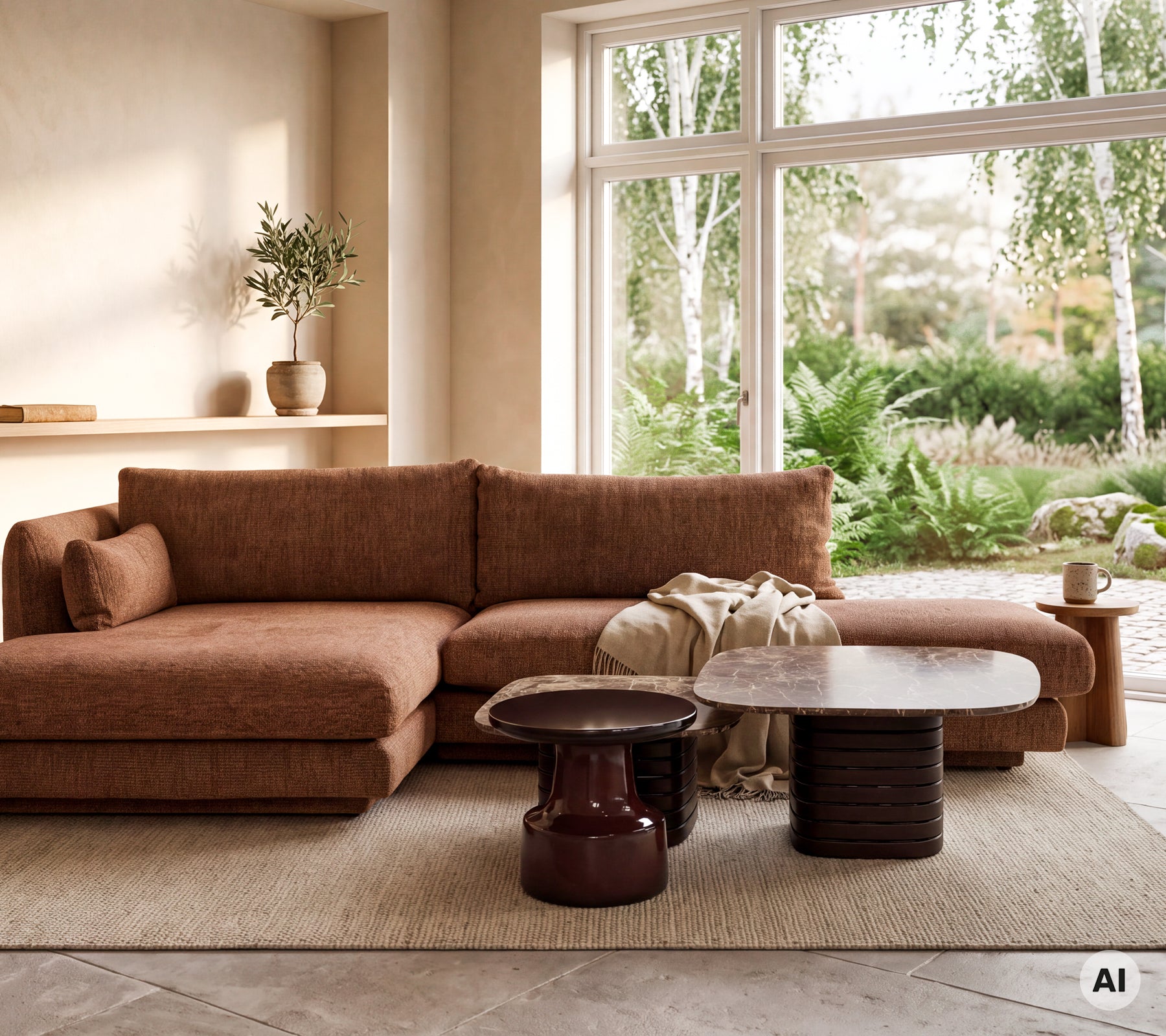Modern lounge featuring a brown sectional sofa, light wood coffee table, and dark red stool.
