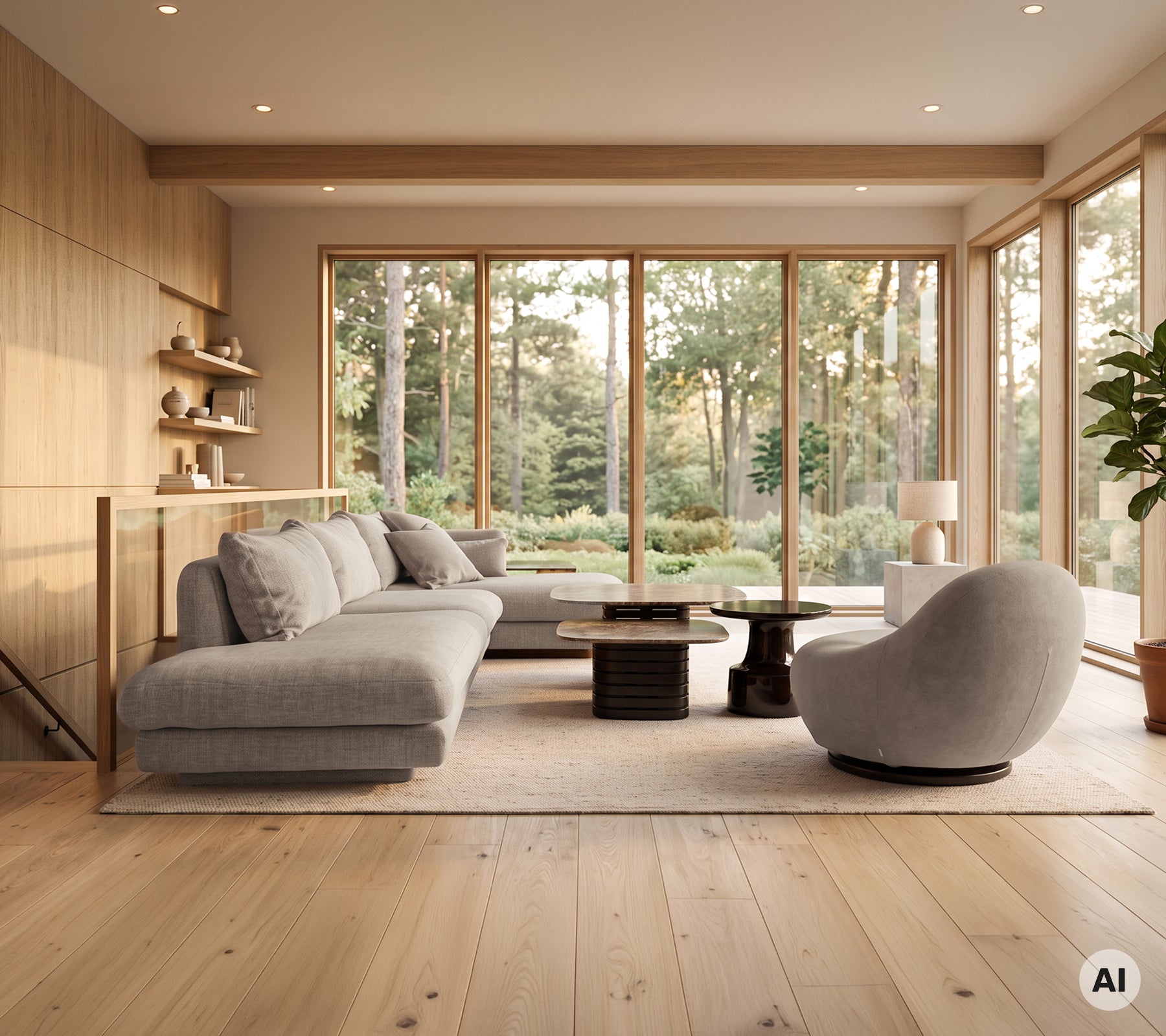 Modern lounge with grey corner sofa, black coffee table, and white armchair.