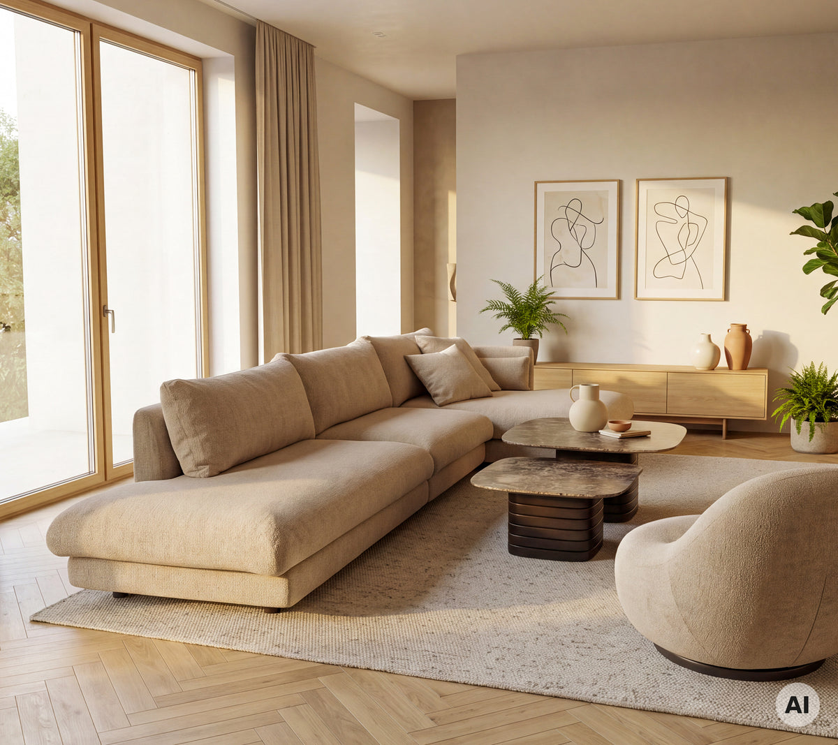 Beige sofa and armchair with a round coffee table in a modern lounge setting.