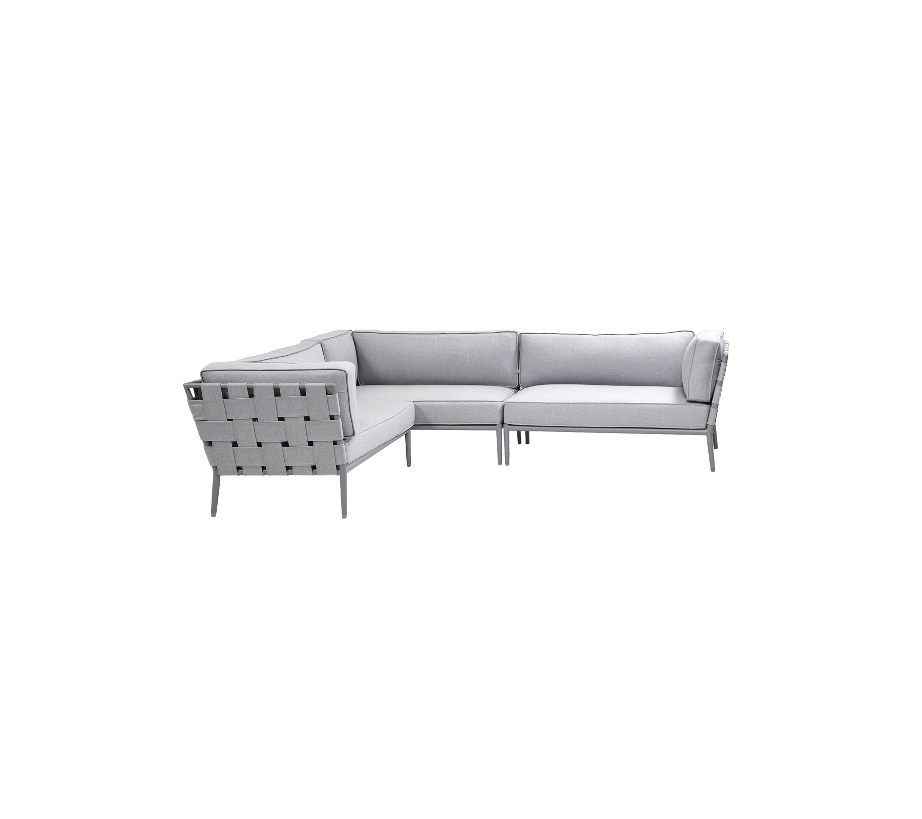 Modern light grey sectional sofa with a minimalist design and woven detailing on the backrest, perfect for stylish seating.