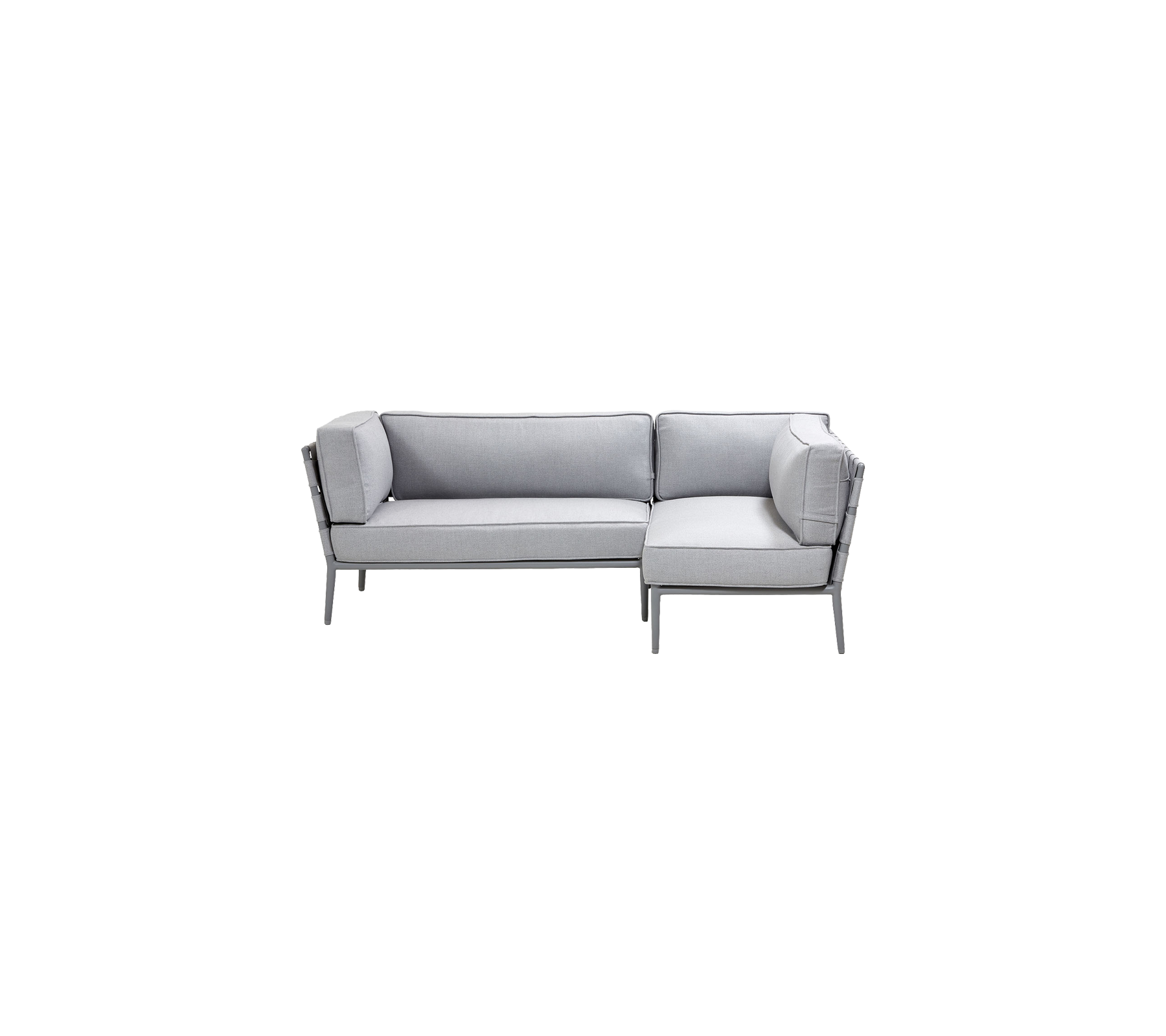 Stylish light grey sectional sofa with a modern design, featuring plush cushions for comfort and sleek metal accents.