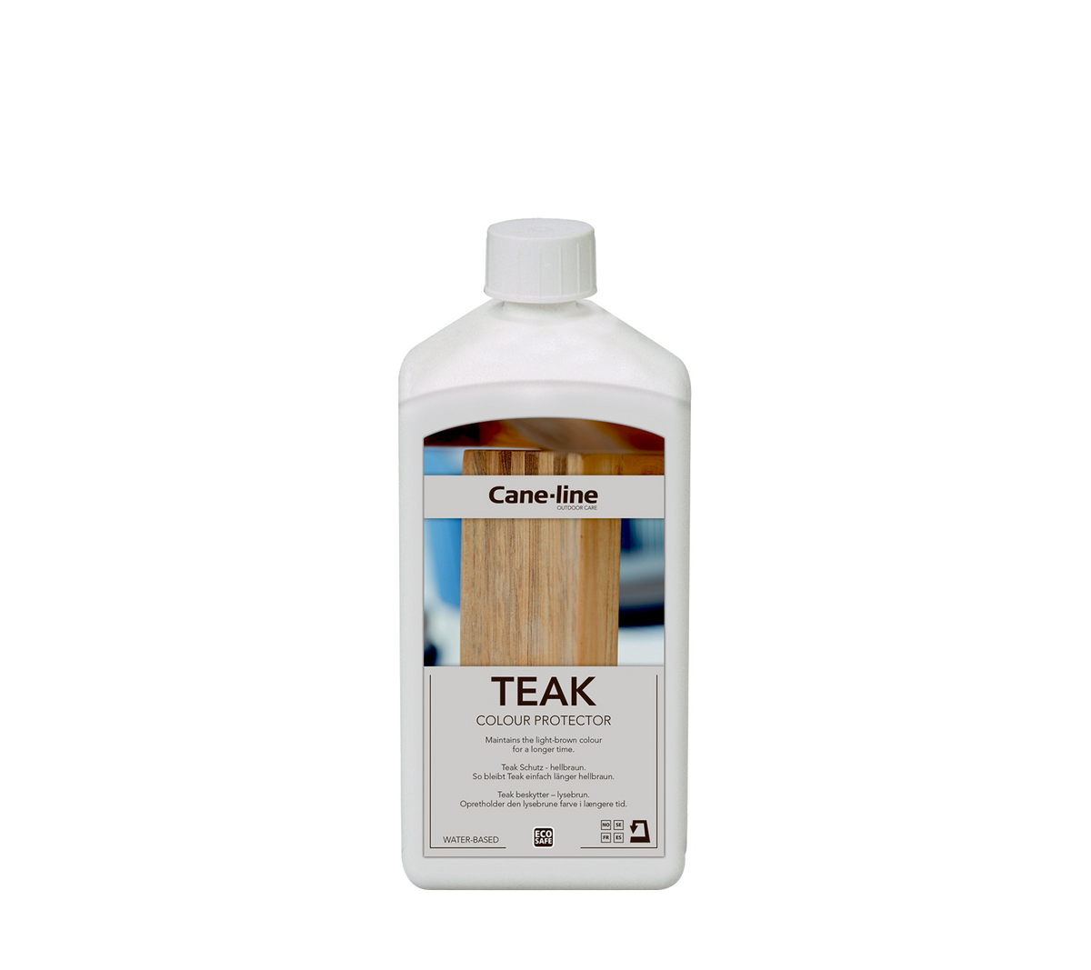 Container of teak color protector by Cane-line, designed to maintain and enhance the appearance of teak wood surfaces.