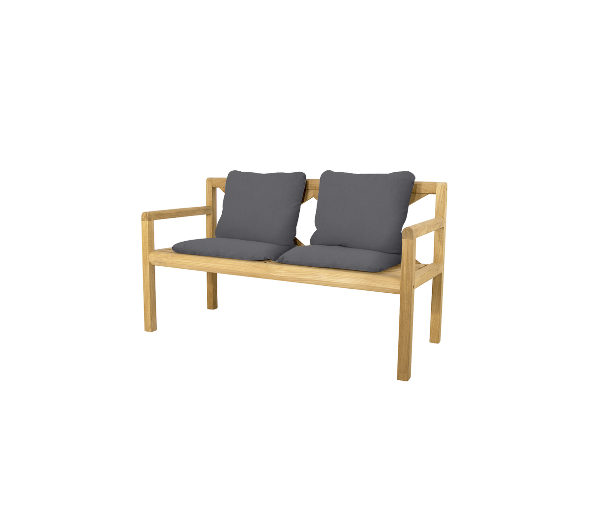 Elegant two-person bench featuring a natural wood frame and soft gray cushions for comfort. Perfect for relaxing or socializing.