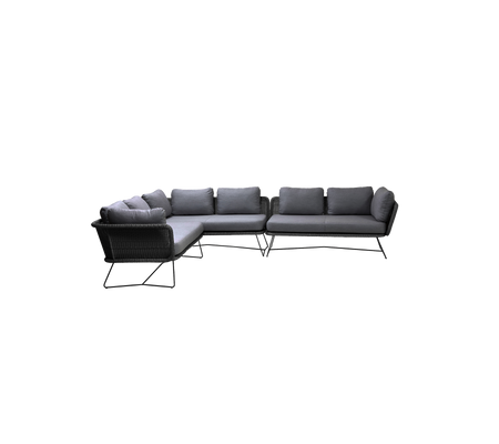 L-shaped black outdoor sectional sofa with plush grey cushions, designed for comfort and style. Ideal for relaxing spaces.