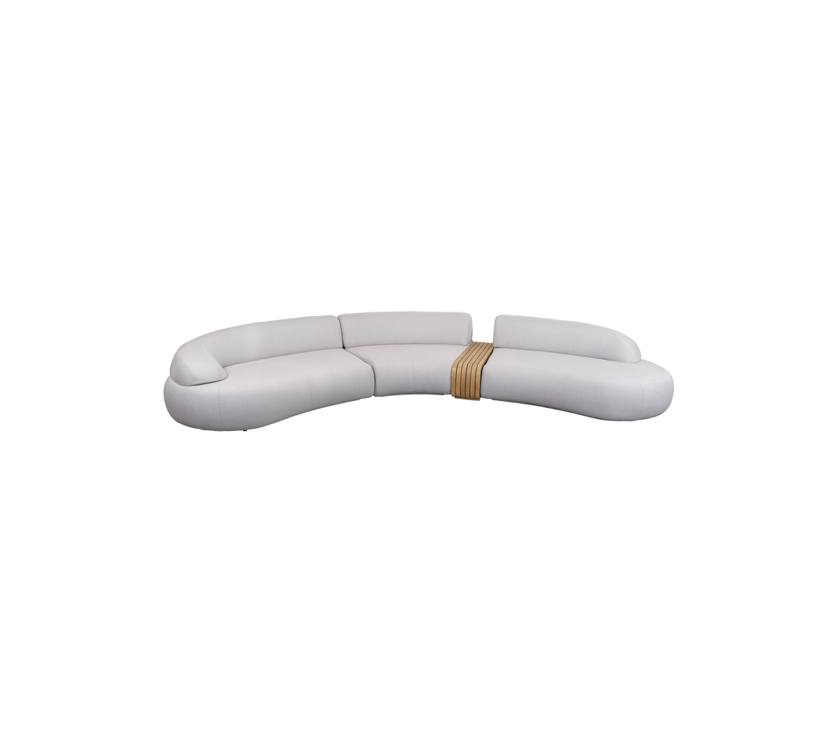 Stylish curved sofa featuring a sleek design with soft upholstery and a wooden accent for a modern look. Perfect for relaxing spaces.