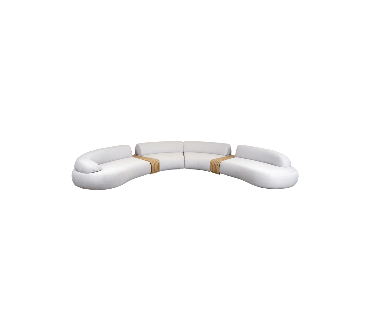Curved white sofa with smooth lines and wooden accents, designed for comfort and modern aesthetics. Ideal for any living space.