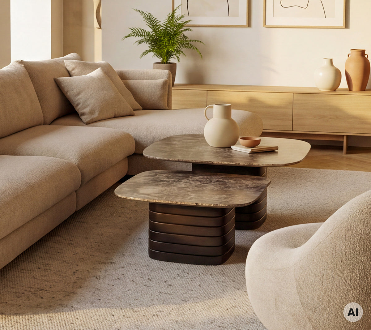 Beige sofa with a brown coffee table and a white vase in a modern lounge setting.