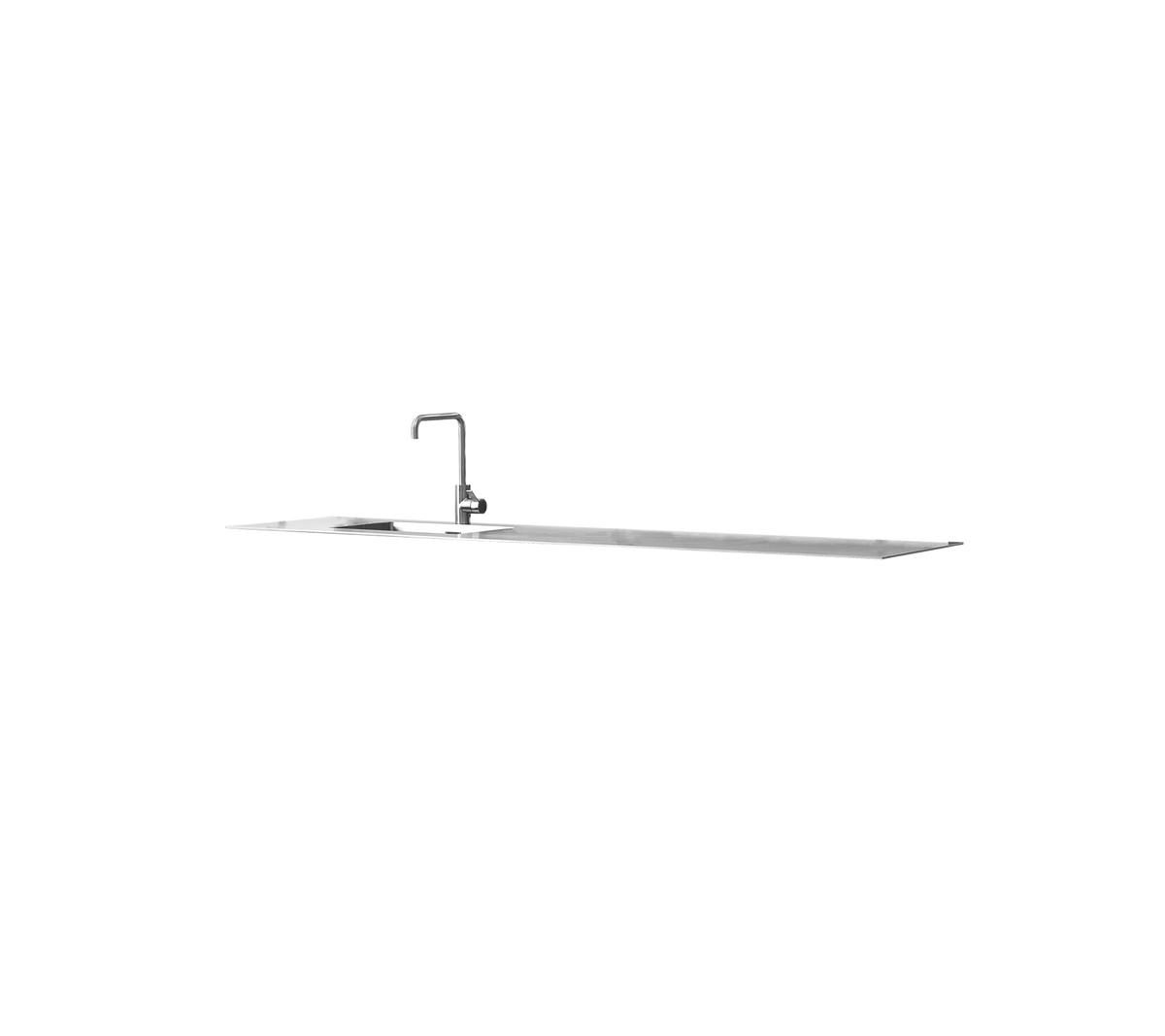 Sleek silver water faucet with a long spout and a modern design, suitable for various sink applications.