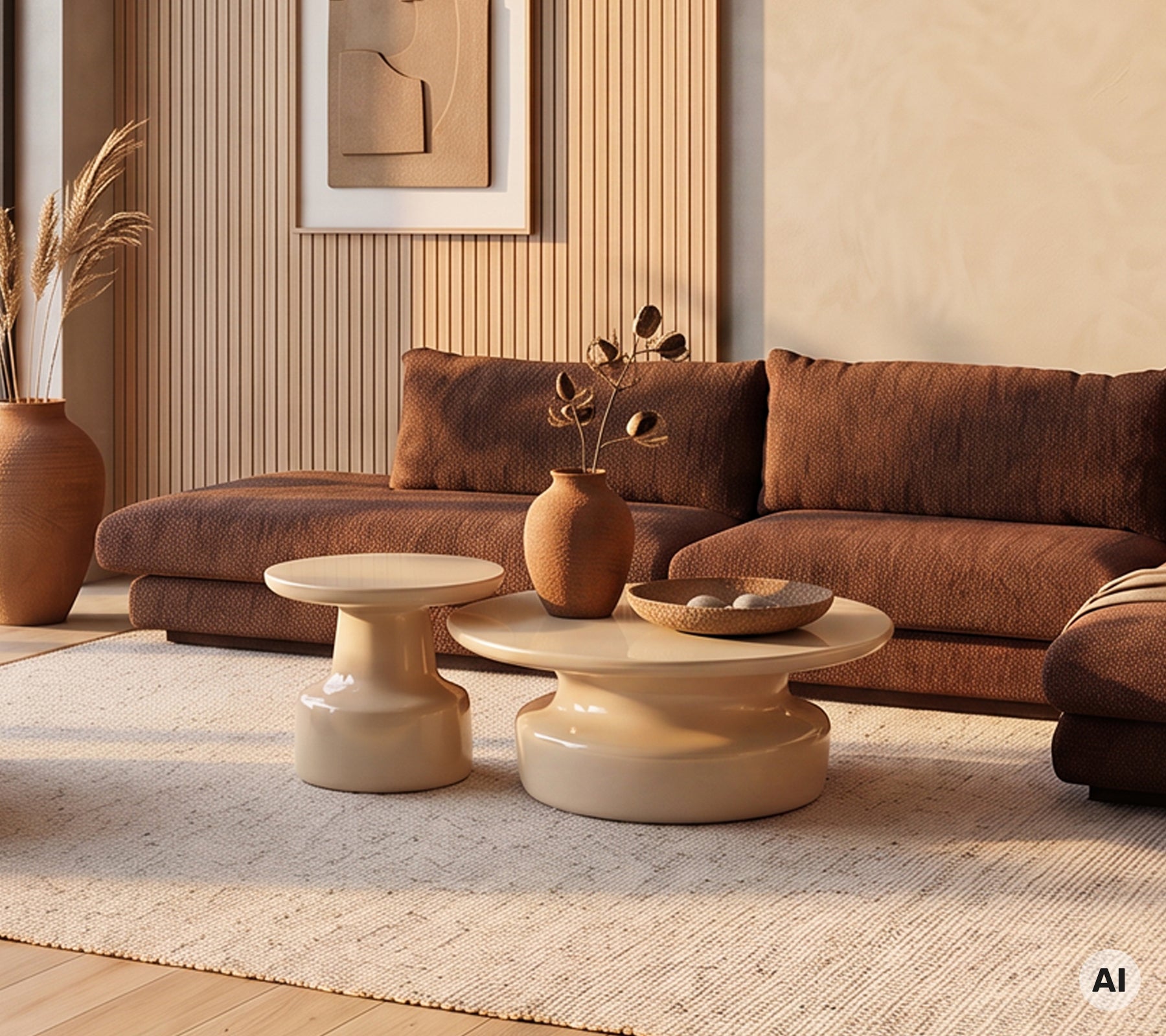 Modern lounge featuring a brown sofa, beige coffee tables, and decorative vases.