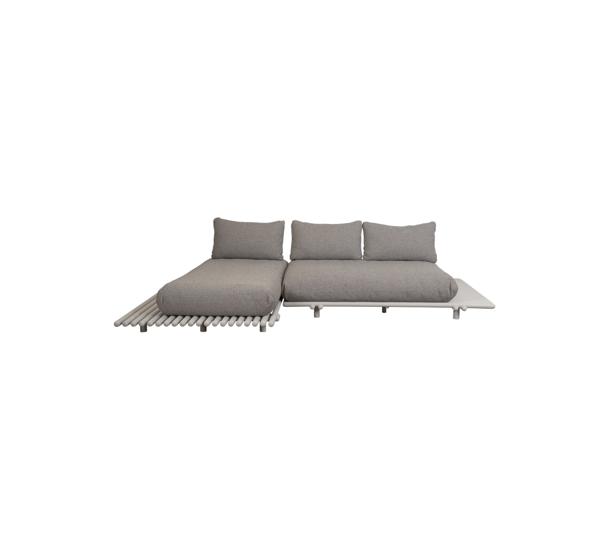 Modern gray sectional sofa design with plush cushions and a sleek wooden base, perfect for stylish lounging or gatherings.